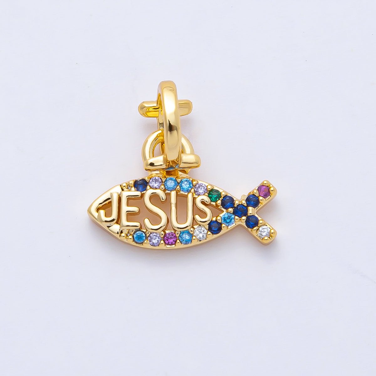 18K Gold Filled 15mm Ichthys Jesus Fish Religious Christian Multi Color Charm | AF1464