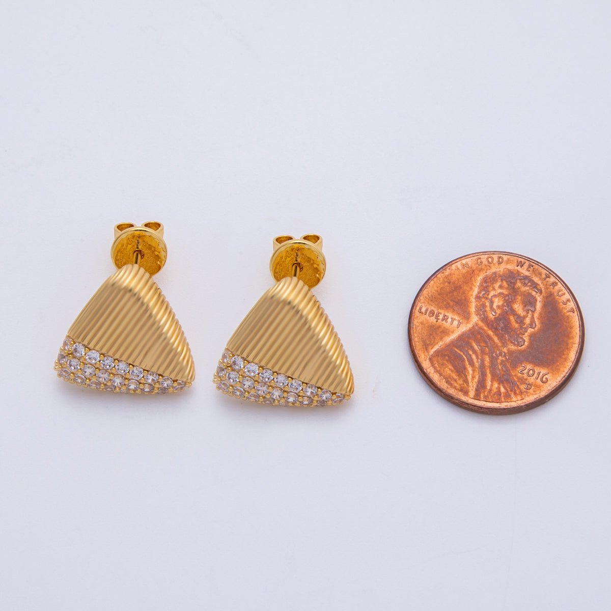 18K Gold Filled 15mm Micro Paved CZ Ribbed Triangle Stud Earrings | Earrings-00192
