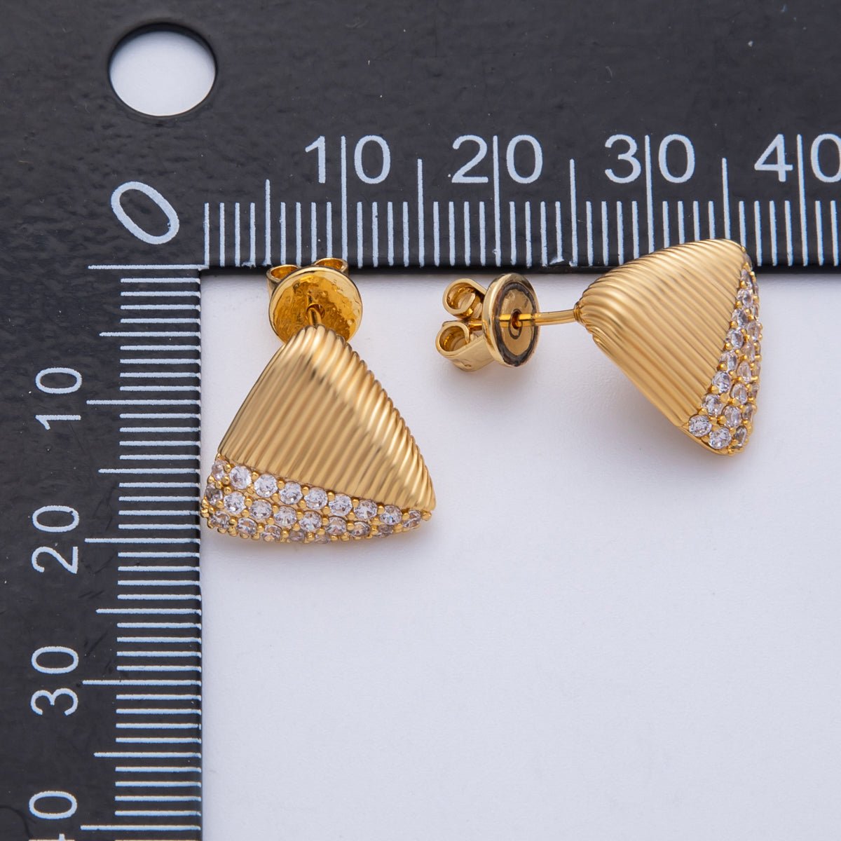 18K Gold Filled 15mm Micro Paved CZ Ribbed Triangle Stud Earrings | Earrings-00192