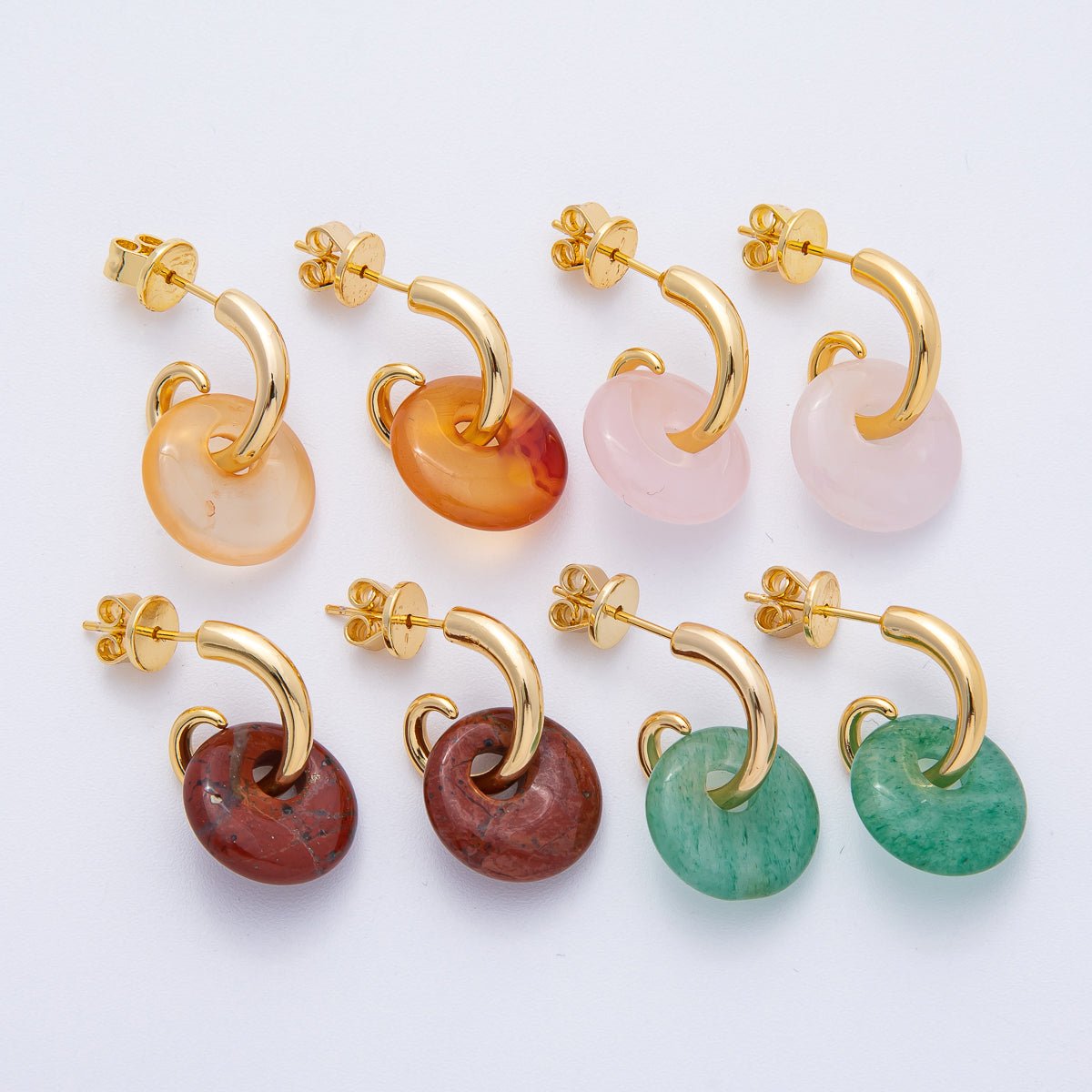 18K Gold Filled 15mm Natural Gemstone Curled C-Shaped Drop Hoop Earrings | AD1668 - AD1671