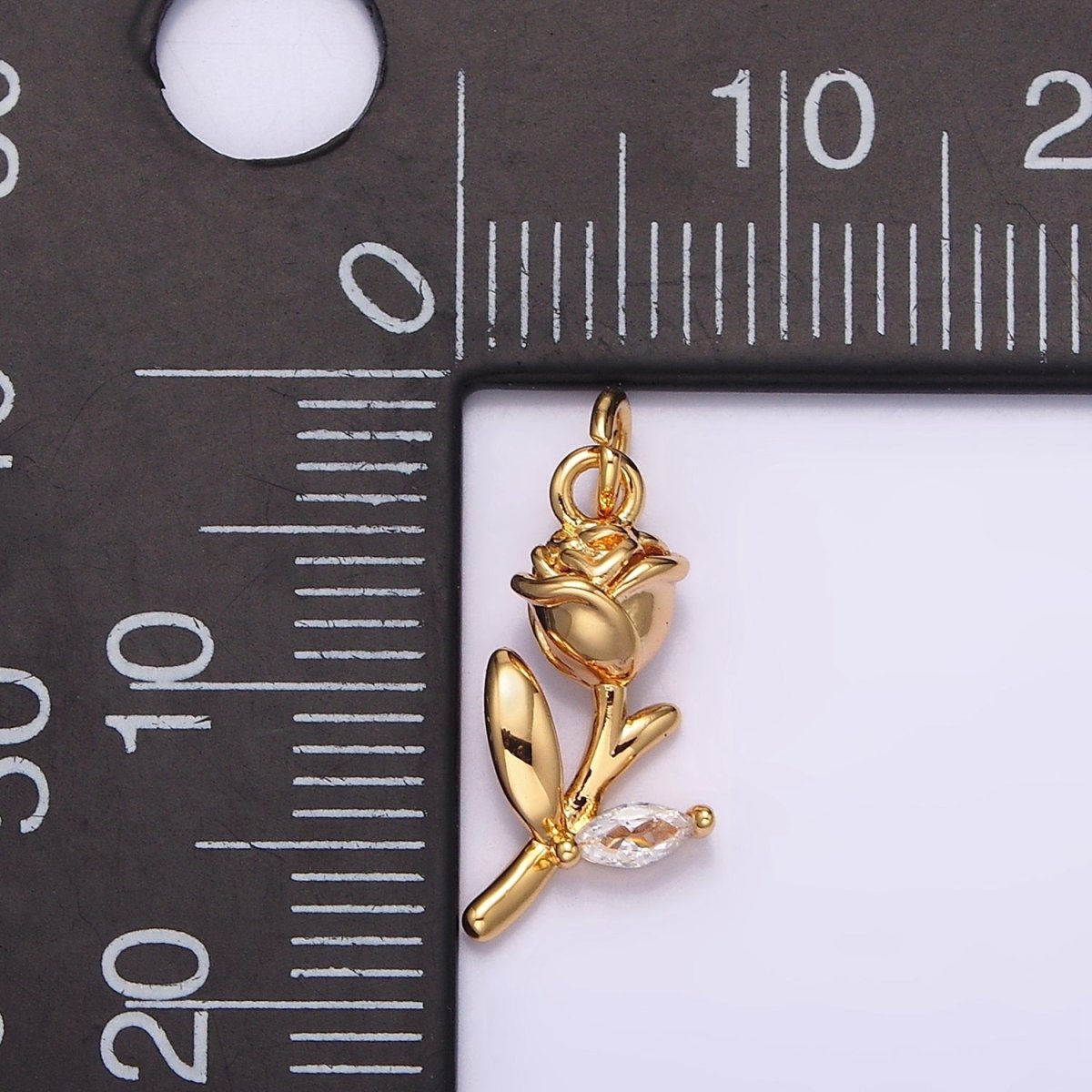 18K Gold Filled 15mm Marquise CZ Leaf Rose Flower 3D Multidimensional Charm | N1762