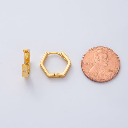 18K Gold Filled 15mm Simple Minimalist Dotted Hexagon Huggie Hoop Earrings | AD1611