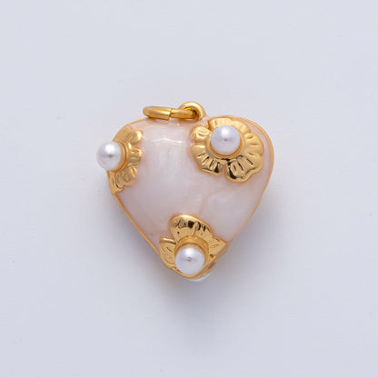 18K Gold Filled 15mm White, Red Shell Pearl Flower Chubby Heart Multidimensional 3D Charm | AF1429