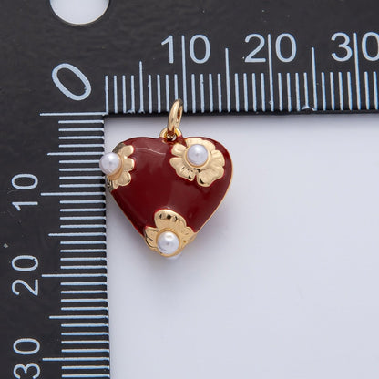 18K Gold Filled 15mm White, Red Shell Pearl Flower Chubby Heart Multidimensional 3D Charm | AF1429