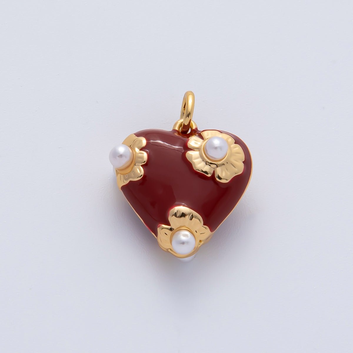18K Gold Filled 15mm White, Red Shell Pearl Flower Chubby Heart Multidimensional 3D Charm | AF1429