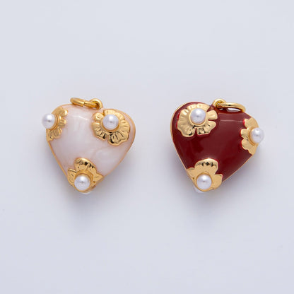 18K Gold Filled 15mm White, Red Shell Pearl Flower Chubby Heart Multidimensional 3D Charm | AF1429