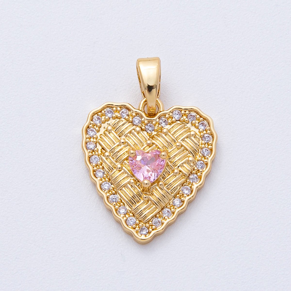 18K Gold Filled 16.5mm Pink CZ Woven Micro Paved CZ Heart Pendant | AF1236
