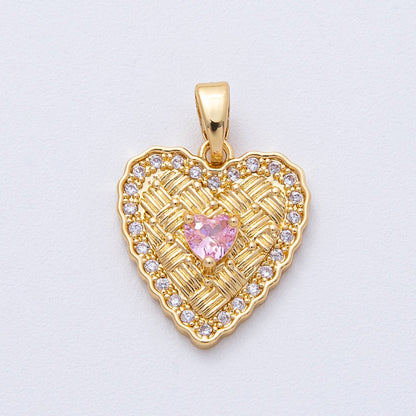 18K Gold Filled 16.5mm Pink CZ Woven Micro Paved CZ Heart Pendant | AF1236