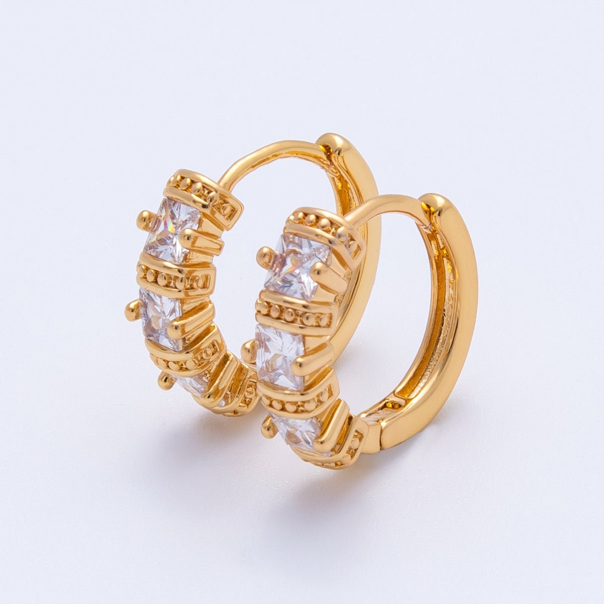 18K Gold Filled 16mm Clear Baguette CZ Geometric Bar Huggie | Earrings-00209