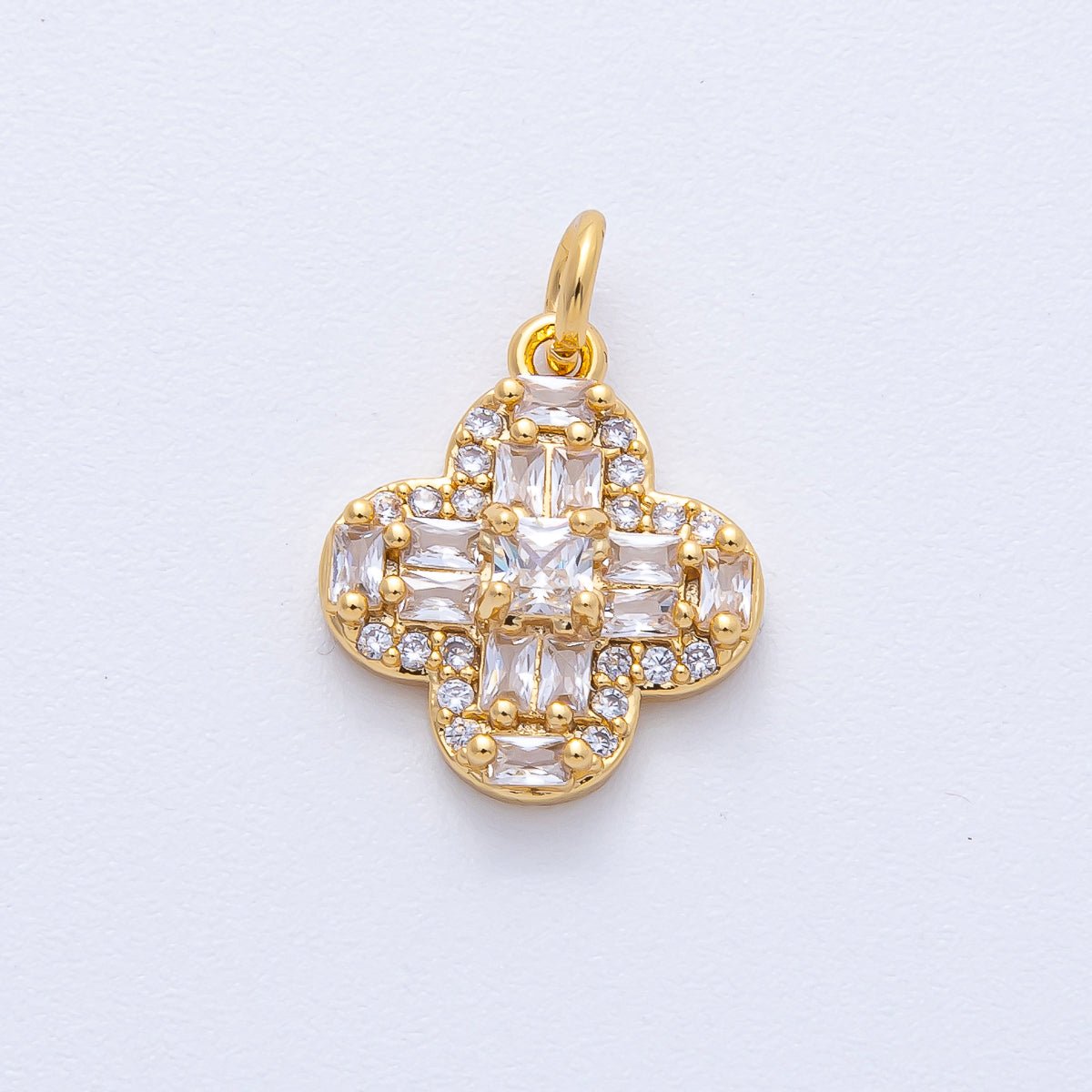 18K Gold Filled 16mm Clear Baguette Micro Paved CZ Clover Flower Charm | AK171