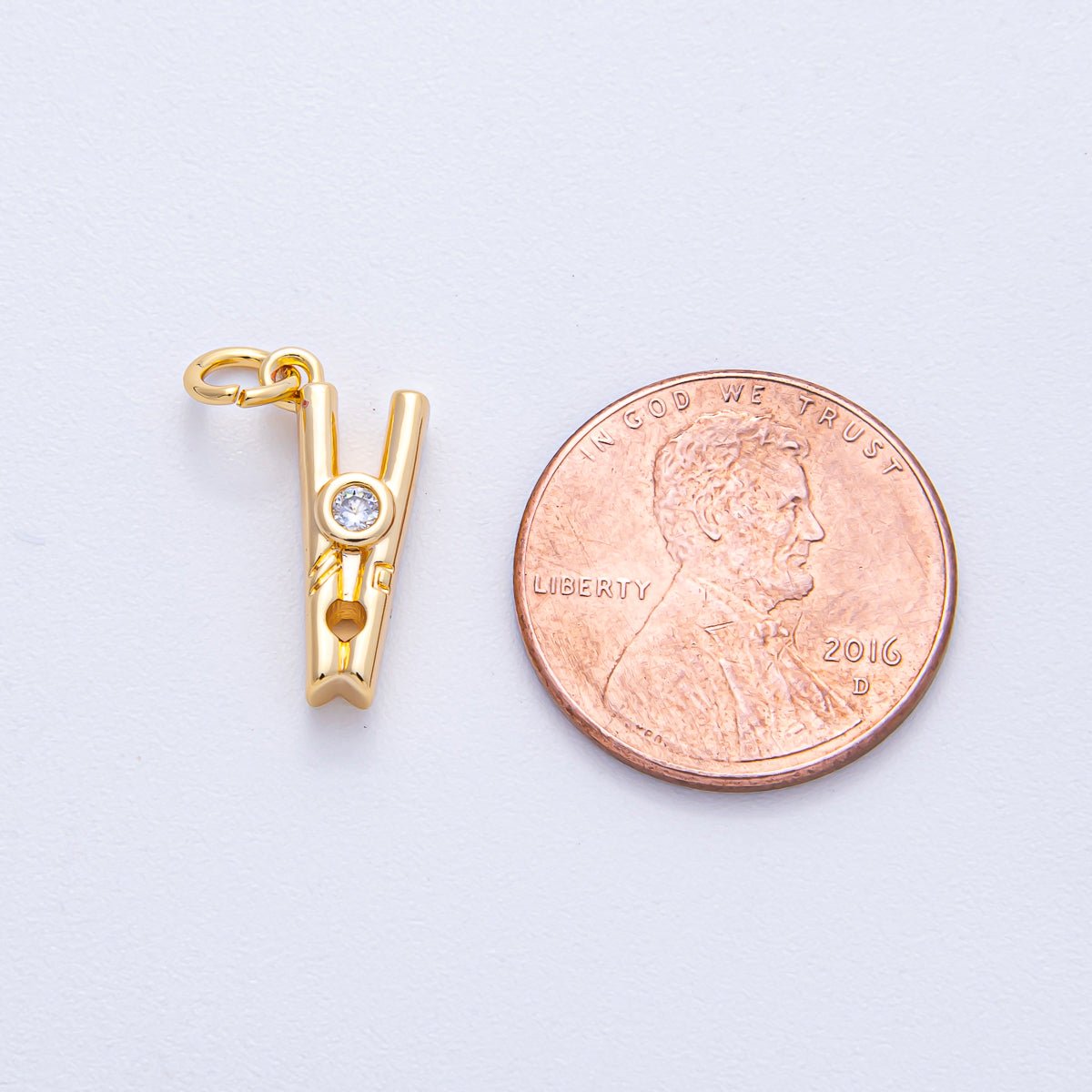 18K Gold Filled 16mm Clear CZ Clothespin Mini 3D Multidimensional Charm | AK012