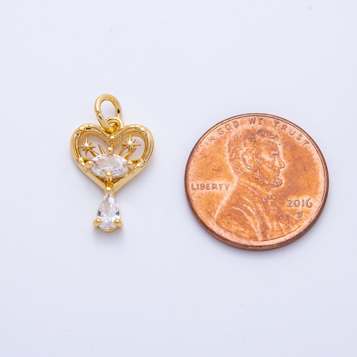 18K Gold Filled 16mm Clear CZ Drop Star Fireworks Heart Charm | AK168