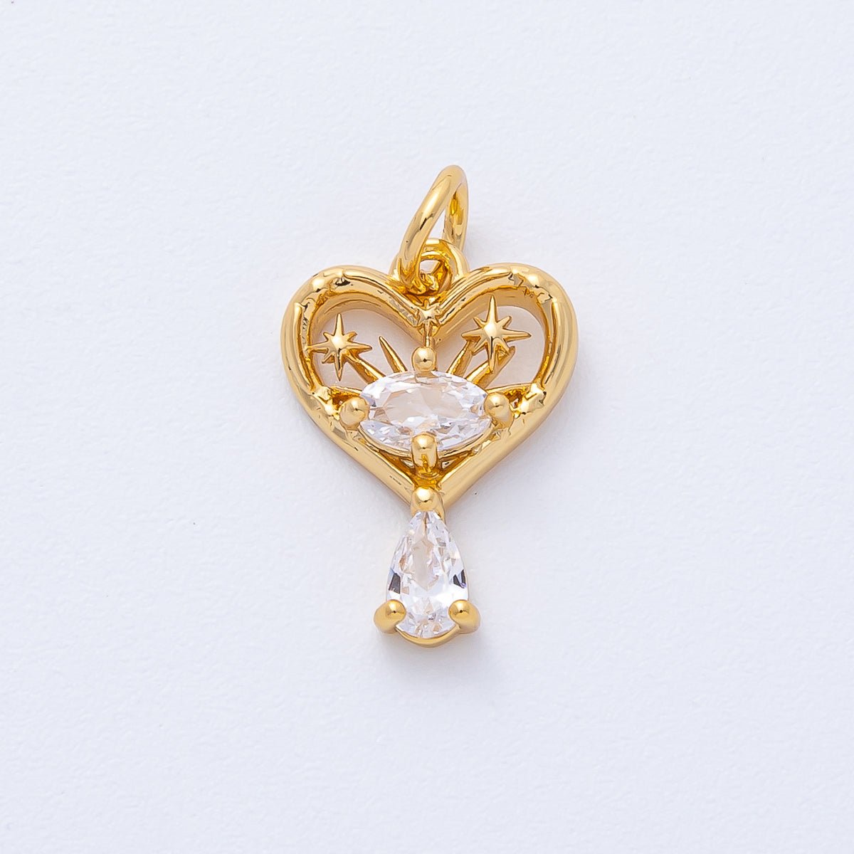 18K Gold Filled 16mm Clear CZ Drop Star Fireworks Heart Charm | AK168