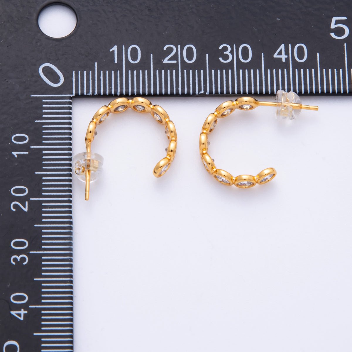 18K Gold Filled 16mm Clear CZ Round Bezel C-Shaped Hoop Earrings | AB1684