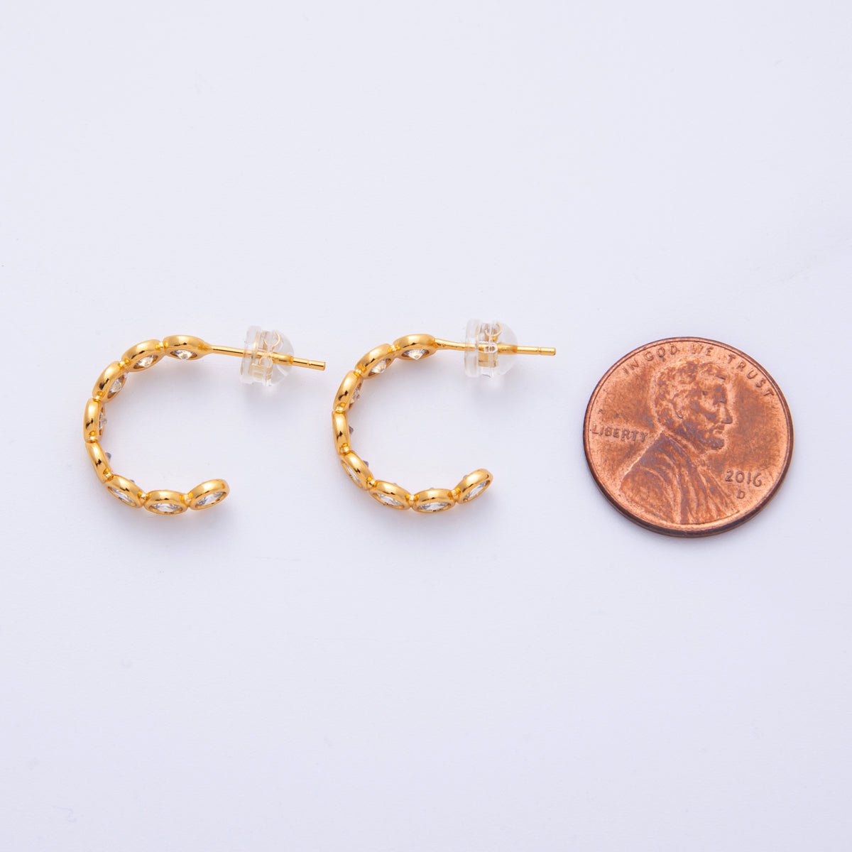 18K Gold Filled 16mm Clear CZ Round Bezel C-Shaped Hoop Earrings | AB1684