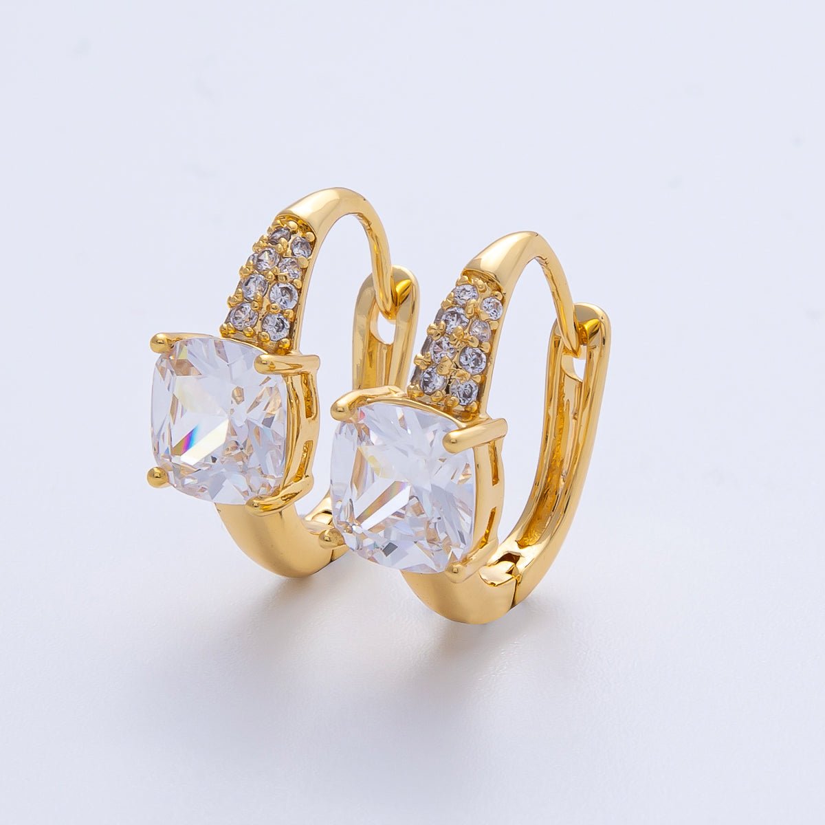 18K Gold Filled 16mm Clear Micro Paved CZ U-Shaped Latch Huggie Earrings | Earrings-00054