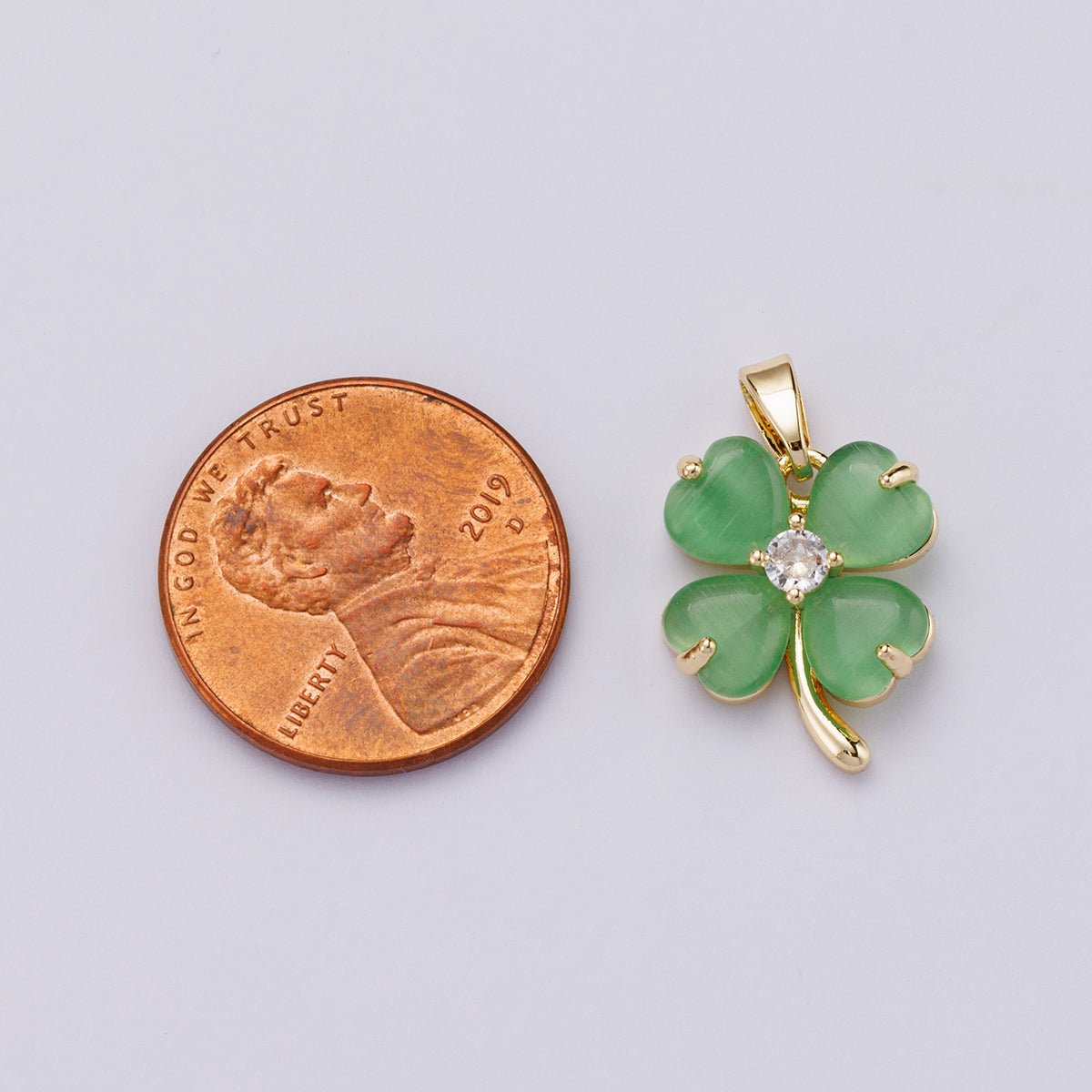 18K Gold Filled 16mm Green Heart Gemstone Four Leaf Lucky Clover Pendant | Charms-00447