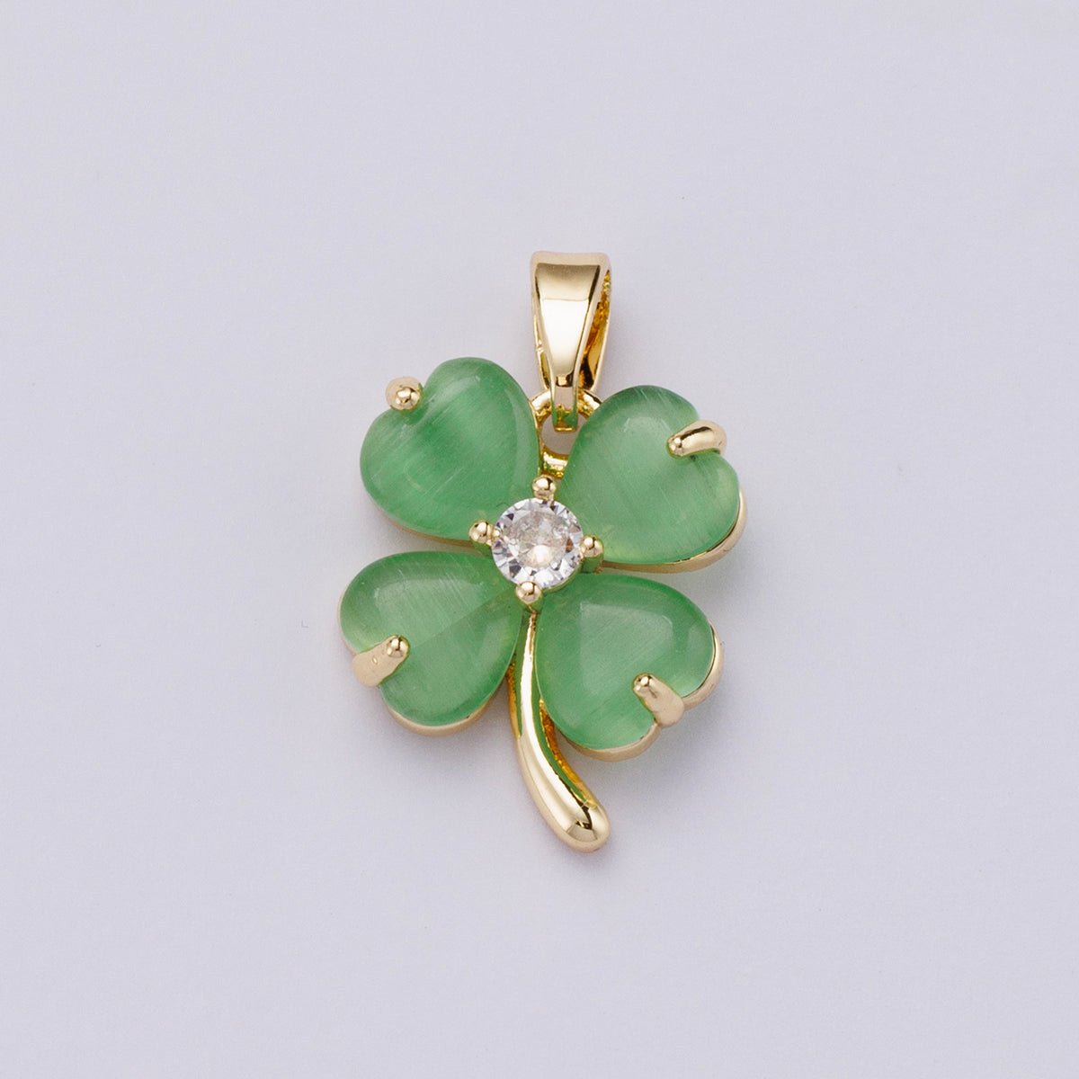 18K Gold Filled 16mm Green Heart Gemstone Four Leaf Lucky Clover Pendant | Charms-00447