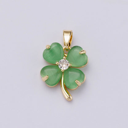18K Gold Filled 16mm Green Heart Gemstone Four Leaf Lucky Clover Pendant | Charms-00447