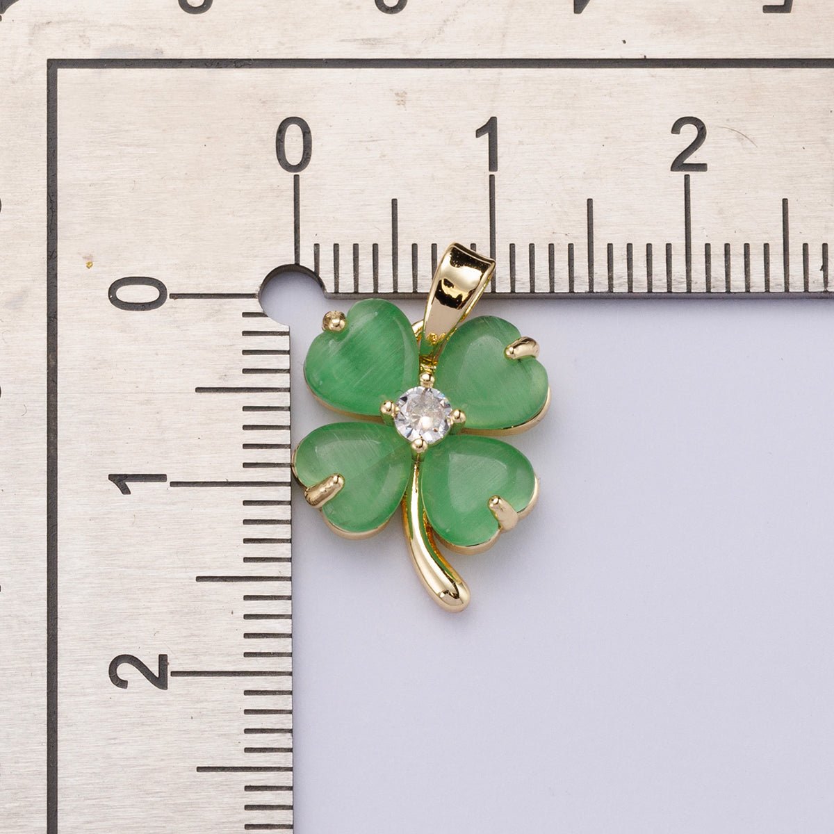 18K Gold Filled 16mm Green Heart Gemstone Four Leaf Lucky Clover Pendant | Charms-00447