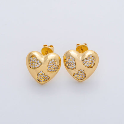 18K Gold Filled 16mm Micro Paved CZ Heart Cluster Heart Stud Earrings | AD1598