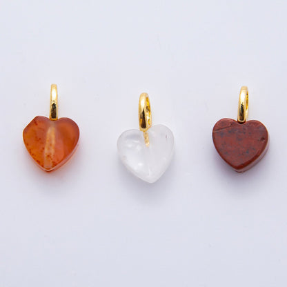 18K Gold Filled 16mm Quartz, Ruffle, &amp; Carnelian Gemstone Dainty Heart-Shaped Charm | E433 E449