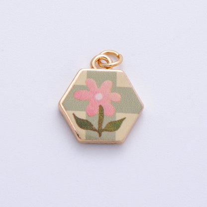 18K Gold Filled 17.5mm Flower Plant Hexagon Charm | AF1602
