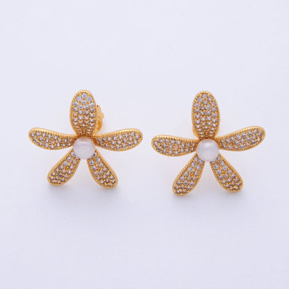 18K Gold Filled 17.5mm Shell Pearl Micro Paved CZ Flower Stud Earrings | Q416