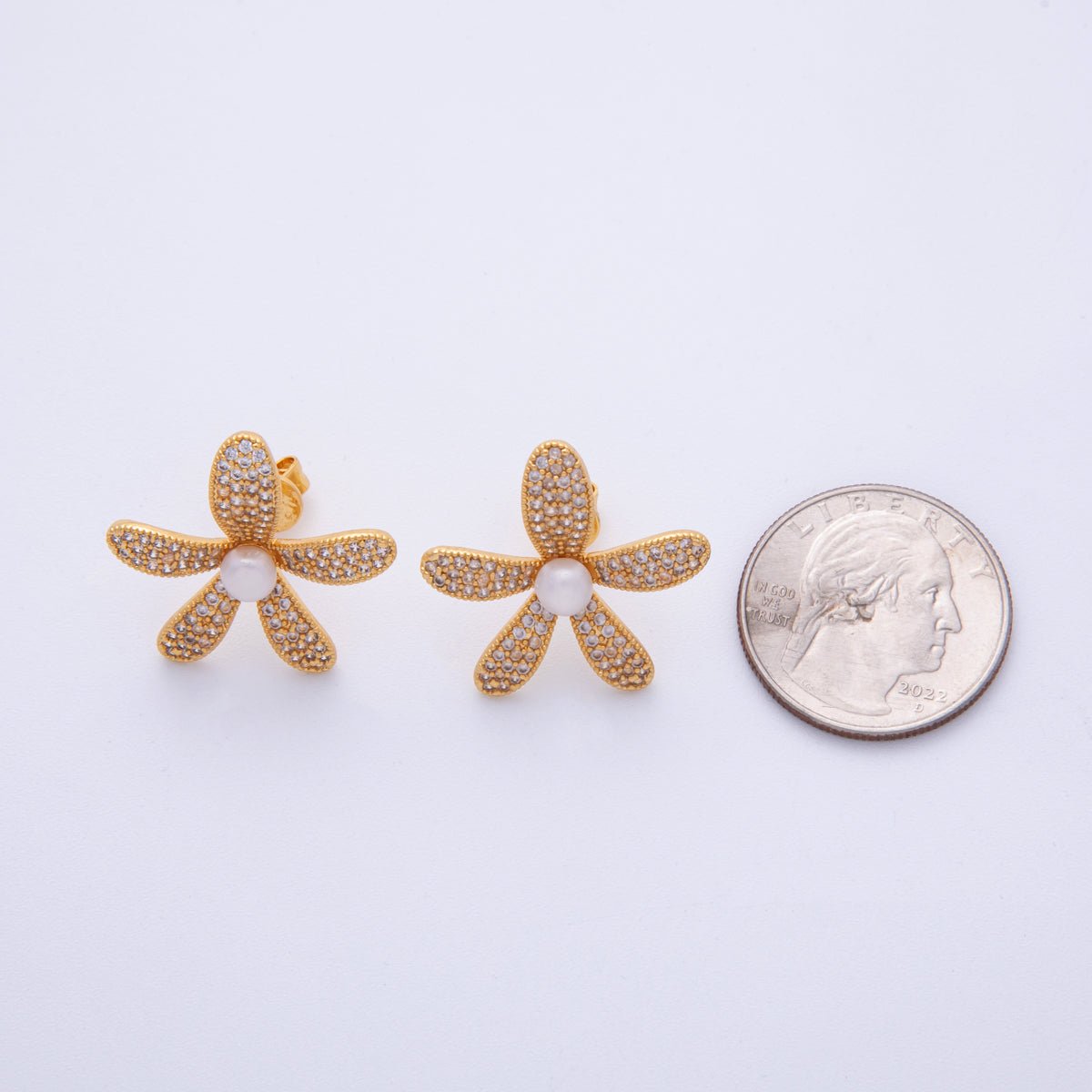 18K Gold Filled 17.5mm Shell Pearl Micro Paved CZ Flower Stud Earrings | Q416