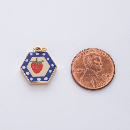 18K Gold Filled 17.5mm Strawberry Fruit Blue Hexagon Charm | AF1603
