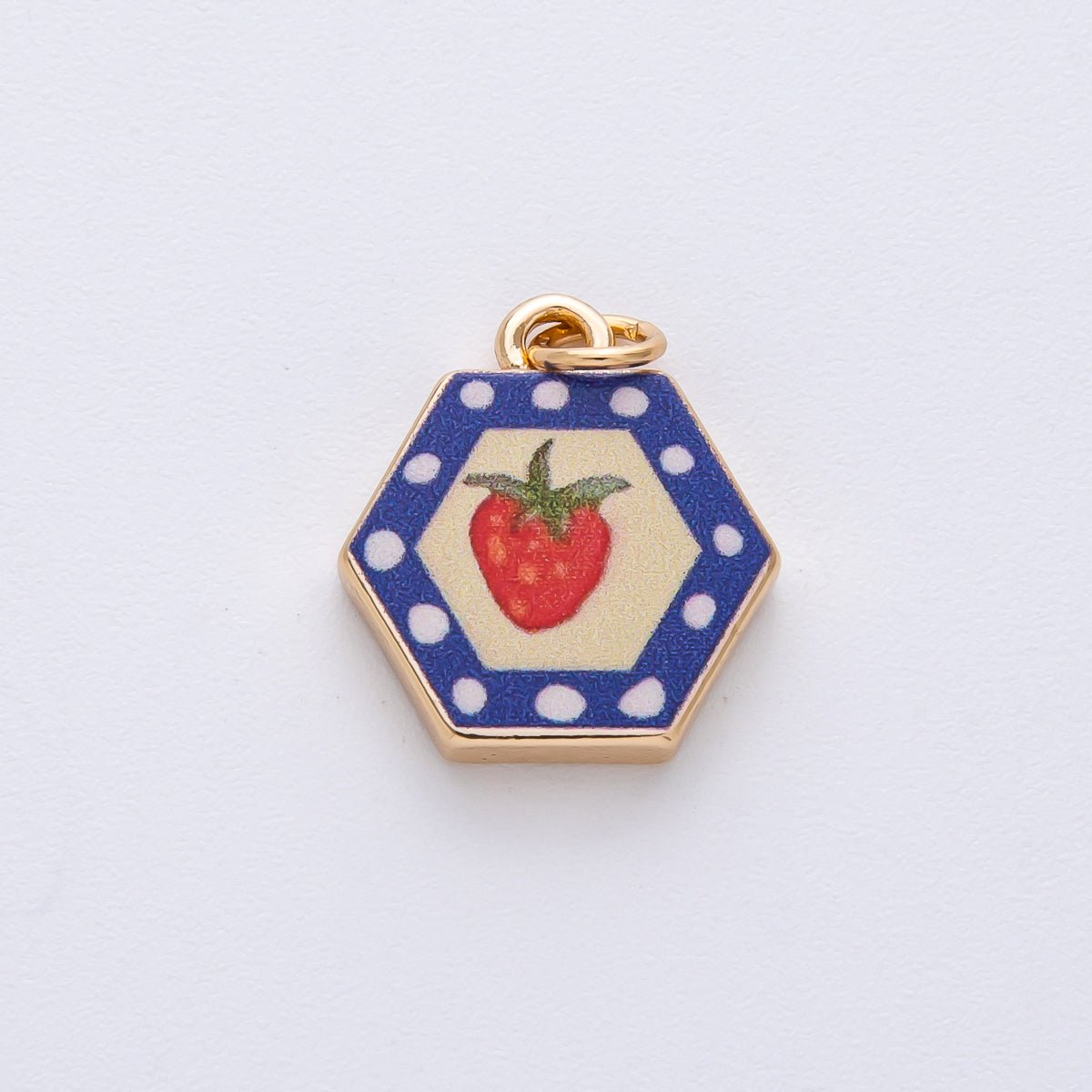 18K Gold Filled 17.5mm Strawberry Fruit Blue Hexagon Charm | AF1603