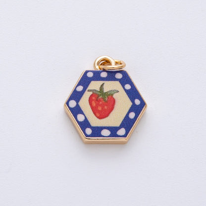 18K Gold Filled 17.5mm Strawberry Fruit Blue Hexagon Charm | AF1603