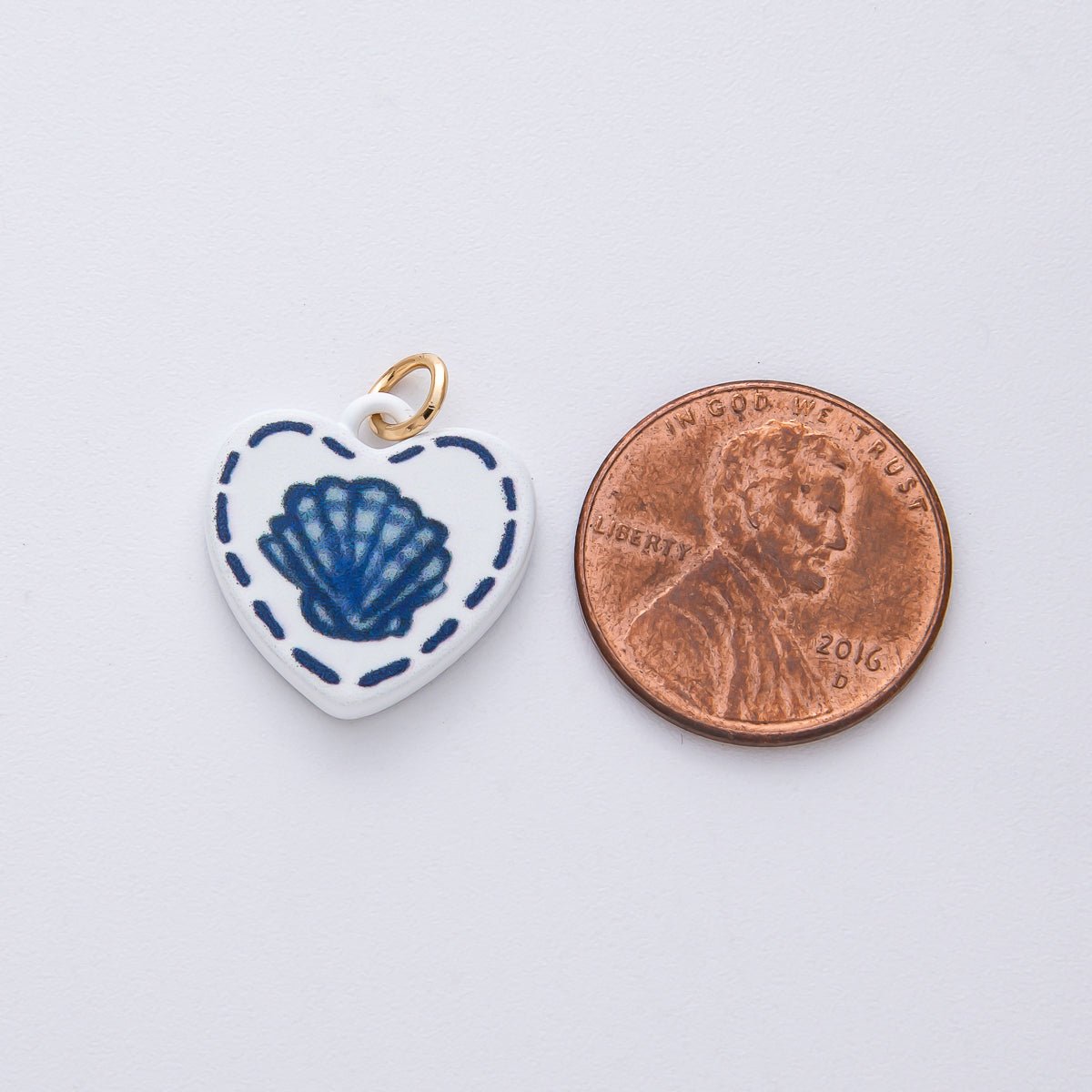 18K Gold Filled 17mm Blue Sea Shell White Enamel Heart Charm | AF1613