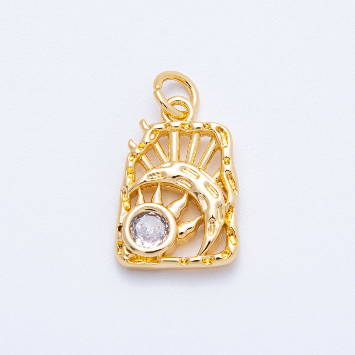 18K Gold Filled 17mm Clear CZ Celestial Sun Moon Molten Rectangle Charm | Charms-00348
