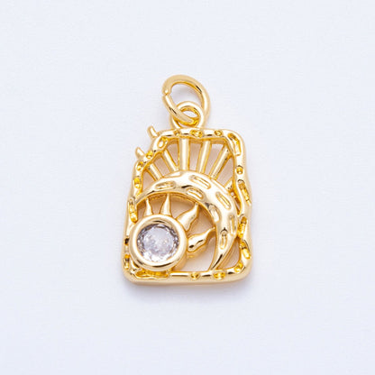 18K Gold Filled 17mm Clear CZ Celestial Sun Moon Molten Rectangle Charm | Charms-00348