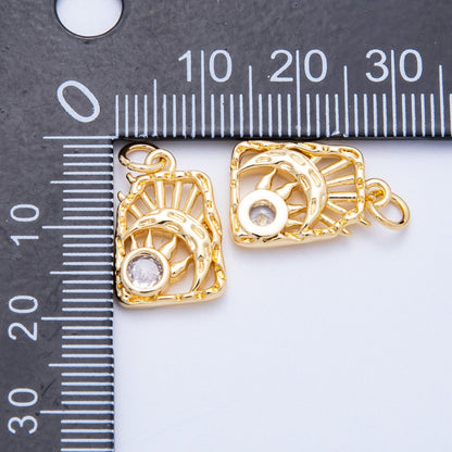 18K Gold Filled 17mm Clear CZ Celestial Sun Moon Molten Rectangle Charm | Charms-00348