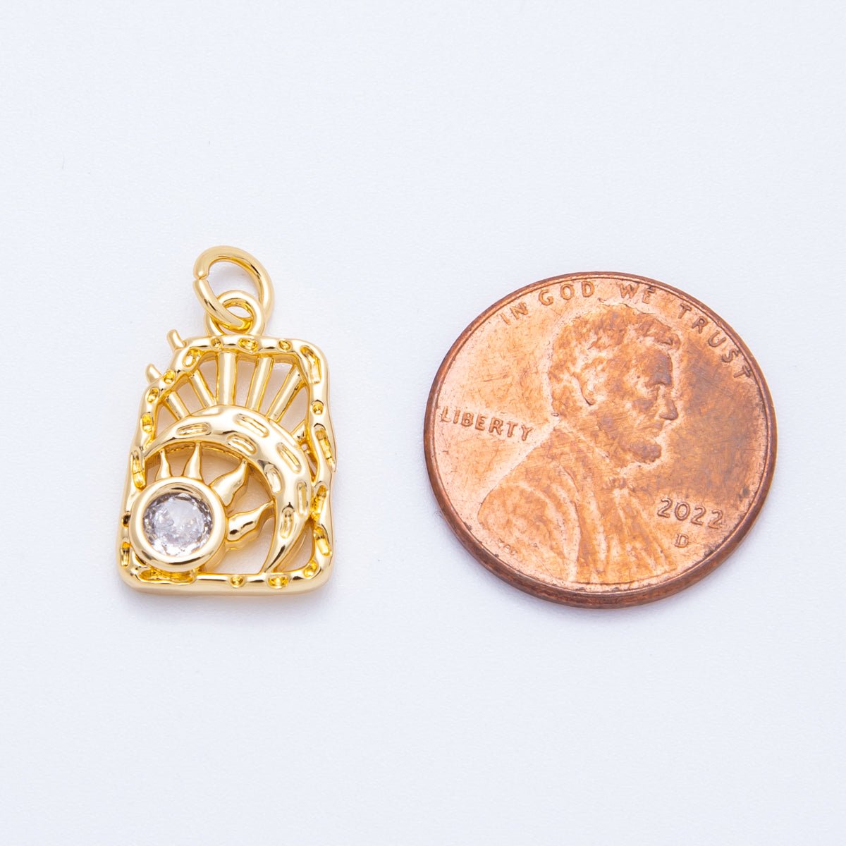 18K Gold Filled 17mm Clear CZ Celestial Sun Moon Molten Rectangle Charm | Charms-00348