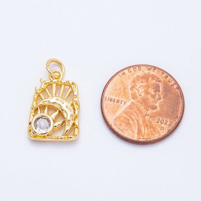 18K Gold Filled 17mm Clear CZ Celestial Sun Moon Molten Rectangle Charm | Charms-00348