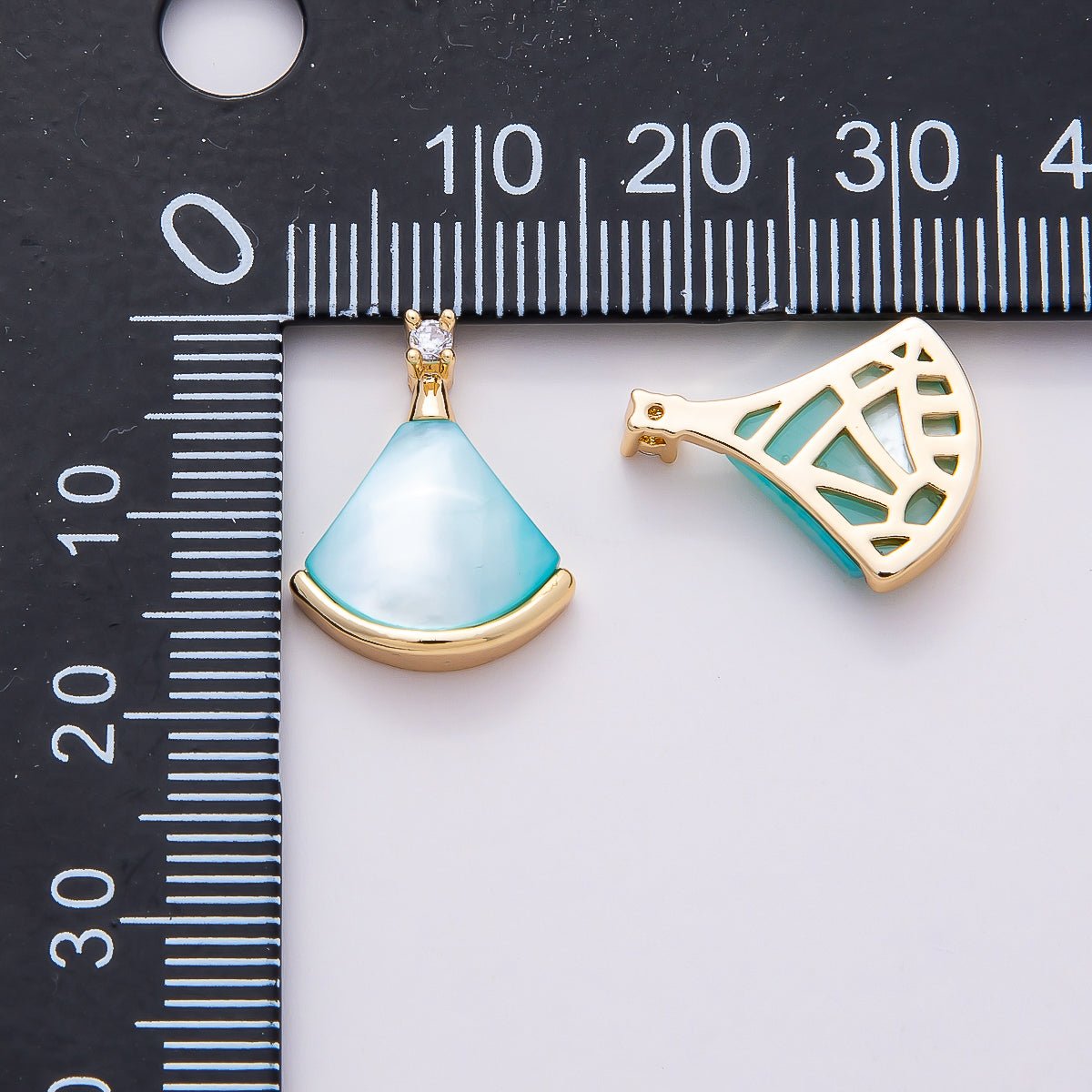 18K Gold Filled 17mm Pink, White, Light Blue Shell Pearl CZ Fan Pendant | Charms-00753 - Charms-00755