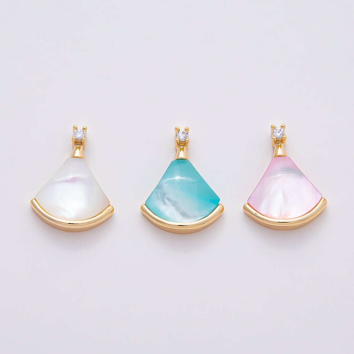 18K Gold Filled 17mm Pink, White, Light Blue Shell Pearl CZ Fan Pendant | Charms-00753 - Charms-00755