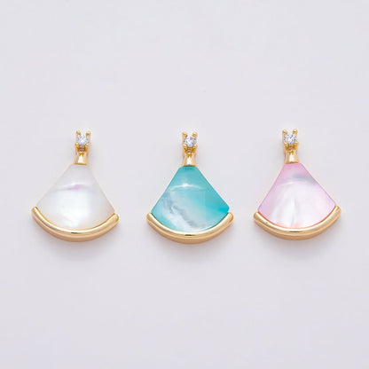 18K Gold Filled 17mm Pink, White, Light Blue Shell Pearl CZ Fan Pendant | Charms-00753 - Charms-00755