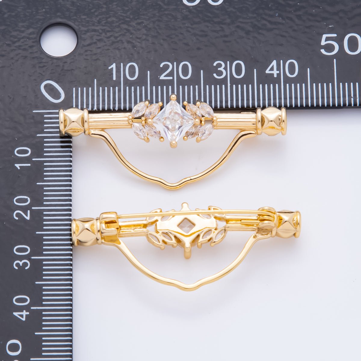 18K Gold Filled 17mm Emerald Green &amp; Clear CZ Triple Vintage Brooch pin Charm Supply | Z-1235 - Z-1237