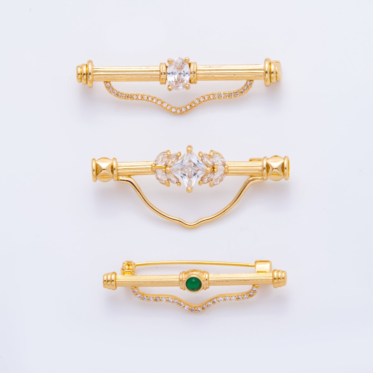 18K Gold Filled 17mm Emerald Green &amp; Clear CZ Triple Vintage Brooch pin Charm Supply | Z-1235 - Z-1237
