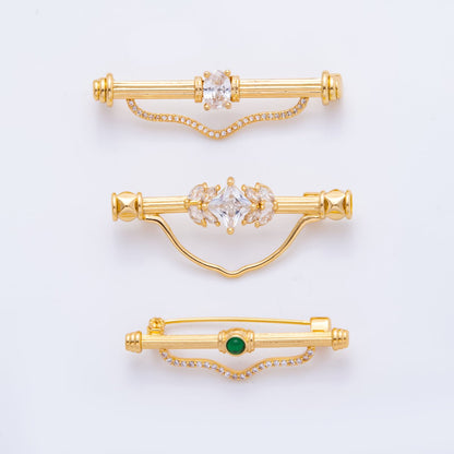 18K Gold Filled 17mm Emerald Green &amp; Clear CZ Triple Vintage Brooch pin Charm Supply | Z-1235 - Z-1237