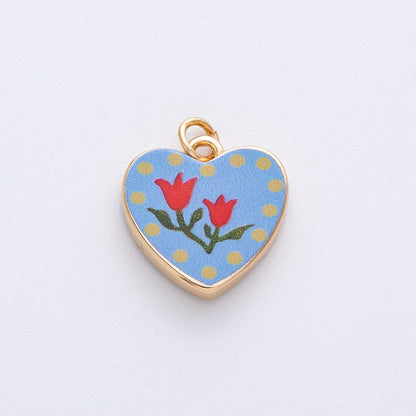 18K Gold Filled 17mm Red Flower Blue Enamel Heart Charm | AF1604