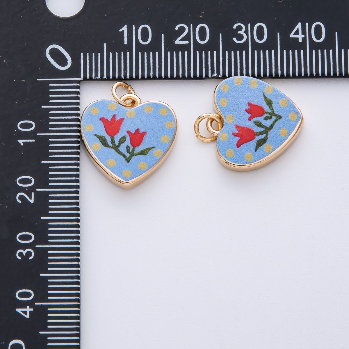 18K Gold Filled 17mm Red Flower Blue Enamel Heart Charm | AF1604