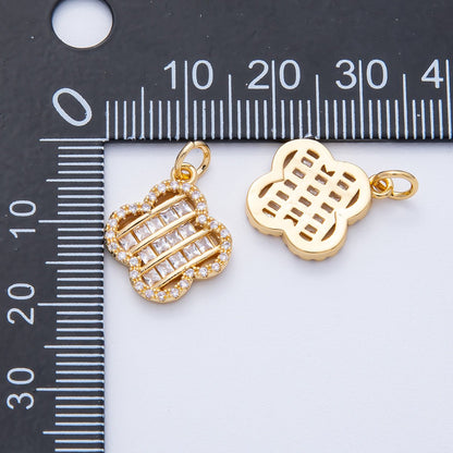 18K Gold Filled 17mm Woven Square Baguette CZ Micro Paved Clover Charm | AK179