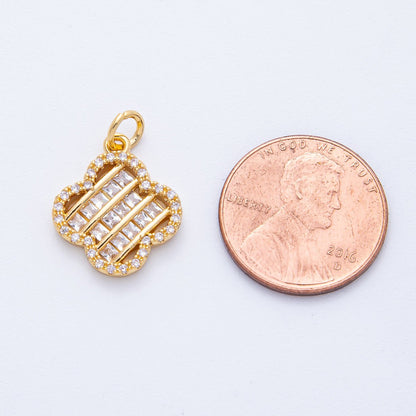 18K Gold Filled 17mm Woven Square Baguette CZ Micro Paved Clover Charm | AK179
