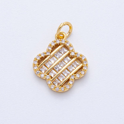 18K Gold Filled 17mm Woven Square Baguette CZ Micro Paved Clover Charm | AK179