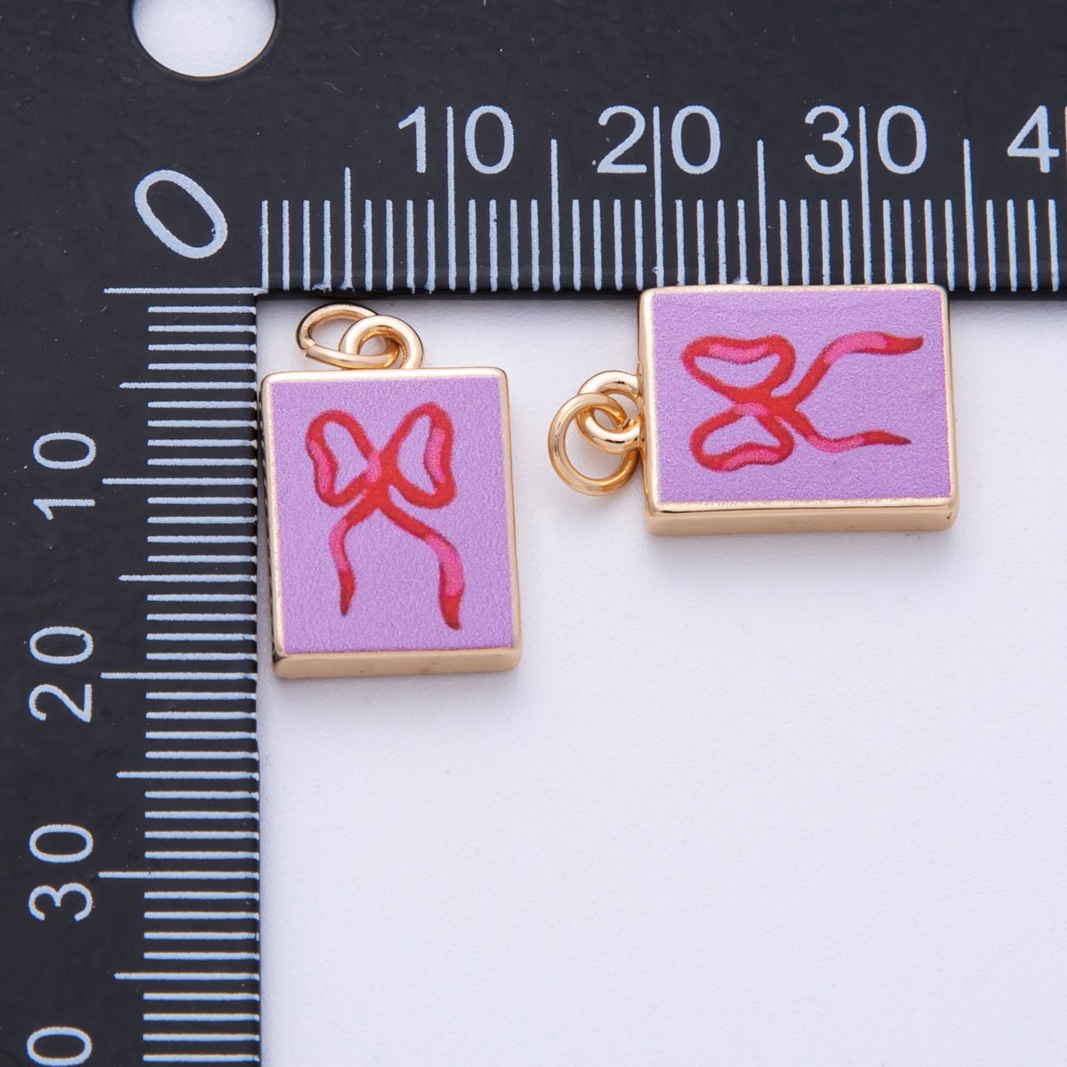 18K Gold Filled 18.2mm Ribbon Bow Pink Rectangle Charm | AF1599